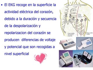 El EKG recoge en la superficie la actividad eléctrica del corazón, debido a la duración y secuencia de la despolarización y repolarizacion del corazón se producen  diferencias de voltaje y potencial que son recogidas a nivel superficial 