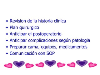 Revision de la historia clinica Plan quirurgico Anticipar el postoperatorio Anticipar complicaciones según patologia Preparar cama, equipos, medicamentos Comunicación con SOP 