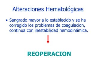 Alteraciones Hematológicas Sangrado mayor a lo establecido y se ha corregido los problemas de coagulacion, continua con inestabilidad hemodinámica. REOPERACION 