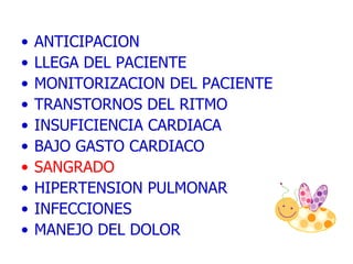 ANTICIPACION  LLEGA DEL PACIENTE MONITORIZACION DEL PACIENTE TRANSTORNOS DEL RITMO INSUFICIENCIA CARDIACA BAJO GASTO CARDIACO SANGRADO HIPERTENSION PULMONAR INFECCIONES MANEJO DEL DOLOR 