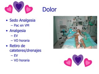 Dolor Sedo Analgesia Pac en VM Analgesia  EV VO horaria Retiro de cateteres/drenajes EV VO horaria 