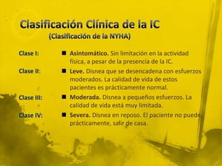 Clase I:      Asintomático. Sin limitación en la actividad
               física, a pesar de la presencia de la IC.
Clase II:     Leve. Disnea que se desencadena con esfuerzos
               moderados. La calidad de vida de estos
               pacientes es prácticamente normal.
Clase III:    Moderada. Disnea a pequeños esfuerzos. La
               calidad de vida está muy limitada.
Clase IV:     Severa. Disnea en reposo. El paciente no puede,
               prácticamente, salir de casa.
 
