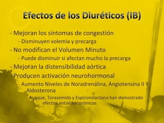 - Mejoran los síntomas de congestión
  - Disminuyen volemia y precarga
- No modifican el Volumen Minuto
  - Puede disminuir si afectan mucho la precarga
- Mejoran la distensibilidad aórtica
- Producen activación neurohormonal
  - Aumento Niveles de Noradrenálina, Angiotensina II Y
      Aldosterona
     - Aunque, Torasemida y Espironolactona han demostrado
            efectos antialdosterónicos
 
