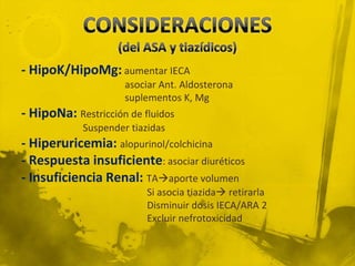 - HipoK/HipoMg: aumentar IECA
                     asociar Ant. Aldosterona
                     suplementos K, Mg
- HipoNa: Restricción de fluidos
            Suspender tiazidas
- Hiperuricemia: alopurinol/colchicina
- Respuesta insuficiente: asociar diuréticos
- Insuficiencia Renal: TAaporte volumen
                          Si asocia tiazida retirarla
                          Disminuir dosis IECA/ARA 2
                          Excluir nefrotoxicidad
 