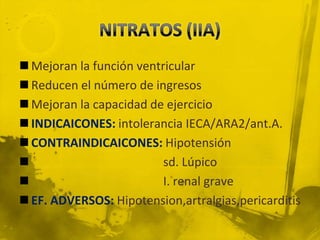  Mejoran la función ventricular
 Reducen el número de ingresos
 Mejoran la capacidad de ejercicio
 INDICAICONES: intolerancia IECA/ARA2/ant.A.
 CONTRAINDICAICONES: Hipotensión
                         sd. Lúpico
                         I. renal grave
 EF. ADVERSOS: Hipotension,artralgias,pericarditis
 