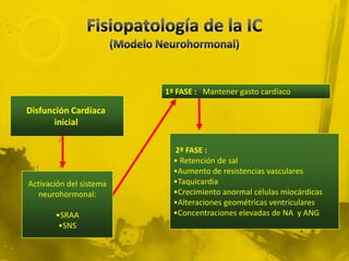 1ª FASE : Mantener gasto cardíaco

Disfunción Cardíaca
      inicial

                           2ª FASE :
                           • Retención de sal
                           •Aumento de resistencias vasculares
Activación del sistema     •Taquicardia
   neurohormonal:          •Crecimiento anormal células miocárdicas
                           •Alteraciones geométricas ventriculares
       •SRAA               •Concentraciones elevadas de NA y ANG
        •SNS
 