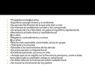◾ *Preadolescente@10 años
◾ =Equilibrio consigo mismo y el ambiente
◾ =Se percata fácilmente de lo que esta bien o mal
◾ =Se interesa en problemas sociales y los comprende
◾ =Arranques de ira o felicidad, recupera el equilibrio rápidamente
◾ =Resistencia al baño diario y cepillado bucal
◾ @11 años
◾ =Negativo, contradictorio y curioso
◾ @12 años
◾ =Mucho más razonable, controlado, actúa en grupo
◾ =Tolerantey humorista
◾ =Sensible a los sentimientos de los demás
◾ =Se preocupa por su higiene bucal
◾ =Excelente paciente: ya no es un niño
◾ =Acepta que no se cepilla con la frecuencia necesaria, come a toda
hora ydescuida su cepillado: riesgo su salud bucal
◾ =Se debe reforzar la motivación sobre cuidado bucal
◾ =Se resiste la intromisión de los padres
 