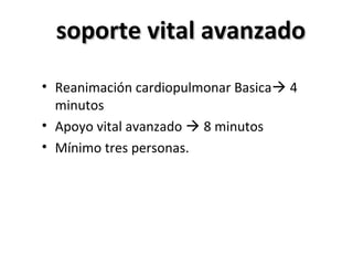 soporte vital avanzadosoporte vital avanzado
• Reanimación cardiopulmonar Basica 4
minutos
• Apoyo vital avanzado  8 min...