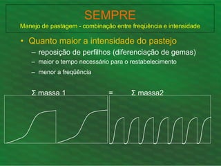 • Quanto maior a intensidade do pastejo
– reposição de perfilhos (diferenciação de gemas)
– maior o tempo necessário para o restabelecimento
– menor a freqüência
Σ massa 1 = Σ massa2
SEMPRE
Manejo de pastagem - combinação entre freqüência e intensidade
 