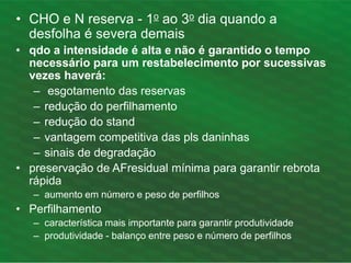 • CHO e N reserva - 1o ao 3o dia quando a
desfolha é severa demais
• qdo a intensidade é alta e não é garantido o tempo
necessário para um restabelecimento por sucessivas
vezes haverá:
– esgotamento das reservas
– redução do perfilhamento
– redução do stand
– vantagem competitiva das pls daninhas
– sinais de degradação
• preservação de AFresidual mínima para garantir rebrota
rápida
– aumento em número e peso de perfilhos
• Perfilhamento
– característica mais importante para garantir produtividade
– produtividade - balanço entre peso e número de perfilhos
 