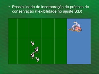 • Possibilidade de incorporação de práticas de
conservação (flexibilidade no ajuste S:D)
 