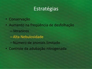 • Conservação
• Aumento na freqüência de desfolhação
–Veranicos
–Alta Nebulosidade
–Número de animais limitado
• Controle da adubação nitrogenada
Estratégias
 
