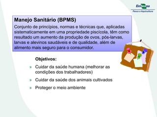 Manejo Sanitário (BPMS)
Conjunto de princípios, normas e técnicas que, aplicadas
sistematicamente em uma propriedade piscícola, têm como
resultado um aumento da produção de ovos, pós-larvas,
larvas e alevinos saudáveis e de qualidade, além de
alimento mais seguro para o consumidor.
Objetivos:
» Cuidar da saúde humana (melhorar as
condições dos trabalhadores)
» Cuidar da saúde dos animais cultivados
» Proteger o meio ambiente
 