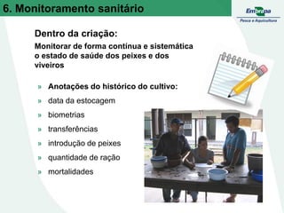 Dentro da criação:
Monitorar de forma contínua e sistemática
o estado de saúde dos peixes e dos
viveiros
» Anotações do histórico do cultivo:
» data da estocagem
» biometrias
» transferências
» introdução de peixes
» quantidade de ração
» mortalidades
6. Monitoramento sanitário
 