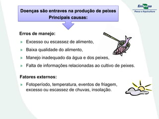 Doenças são entraves na produção de peixes
Principais causas:
» Fotoperíodo, temperatura, eventos de friagem,
excesso ou escassez de chuvas, insolação.
Fatores externos:
» Excesso ou escassez de alimento,
» Baixa qualidade do alimento,
» Manejo inadequado da água e dos peixes,
» Falta de informações relacionadas ao cultivo de peixes.
Erros de manejo:
 