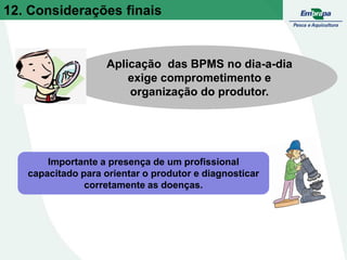 12. Considerações finais
Aplicação das BPMS no dia-a-dia
exige comprometimento e
organização do produtor.
Importante a presença de um profissional
capacitado para orientar o produtor e diagnosticar
corretamente as doenças.
 
