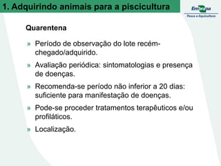 Quarentena
» Período de observação do lote recém-
chegado/adquirido.
» Avaliação periódica: sintomatologias e presença
de doenças.
» Recomenda-se período não inferior a 20 dias:
suficiente para manifestação de doenças.
» Pode-se proceder tratamentos terapêuticos e/ou
profiláticos.
» Localização.
1. Adquirindo animais para a piscicultura
 