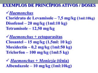 EXEMPLOS DE PRINCÍPIOS ATIVOS / DOSES
Haemonchus
Cloridrato de Levamisole – 7,5 mg/kg (1ml:10kg)
Disofenol – 20 mg/kg (1ml:10 kg)
Tetramisole – 12,50 mg/kg
Haemonchus + ectoparasitas
Closantel – 15 mg/kg (1,5ml: 10 kg)
Moxidectin – 0,2 mg/kg (1ml:50 kg)
Triclorfon – 100 mg/kg (1ml:5 kg)
 Haemonchus + Moniezia (tênia)
Albendazole – 10 mg/kg (1ml:10kg)
 