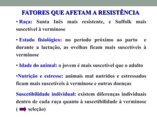 FATORES QUE AFETAM A RESISTÊNCIA
• Raça: Santa Inês mais resistente, e Suffolk mais
suscetível à verminose
• Estado fisiológico: no período próximo ao parto e
durante a lactação, as ovelhas ficam mais suscetíveis à
verminose
• Idade do animal: o jovem é mais suscetível que o adulto
•Nutrição e estresse: animais mal nutridos e estressados
ficam mais suscetíveis à verminose e outras doenças
Suscetibilidade individual: existem diferenças individuais
dentro de cada raça quanto à suscetibilidade à verminose
( seleção)
 