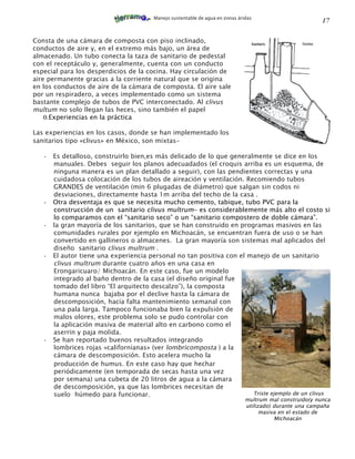 Manejo sustentable de agua en zonas áridas
                                                                                                          17

Consta de una cámara de composta con piso inclinado,
conductos de aire y, en el extremo más bajo, un área de
almacenado. Un tubo conecta la taza de sanitario de pedestal
con el receptáculo y, generalmente, cuenta con un conducto
especial para los desperdicios de la cocina. Hay circulación de
aire permanente gracias a la corriente natural que se origina
en los conductos de aire de la cámara de composta. El aire sale
por un respiradero, a veces implementado como un sistema
bastante complejo de tubos de PVC interconectado. Al clivus
multum no solo llegan las heces, sino también el papel
    0.Experiencias en la práctica

Las experiencias en los casos, donde se han implementado los
sanitarios tipo «clivus» en México, son mixtas-

   •   Es detalloso, construirlo bien,es más delicado de lo que generalmente se dice en los
       manuales. Debes seguir los planos adecuadados (el croquis arriba es un esquema, de
       ninguna manera es un plan detallado a seguir), con las pendientes correctas y una
       cuidadosa colocación de los tubos de aireación y ventilación. Recomiendo tubos
       GRANDES de ventilación (min 6 plugadas de diámetro) que salgan sin codos ni
       desviaciones, directamente hasta 1m arriba del techo de la casa .
   •   Otra desventaja es que se necesita mucho cemento, tabique, tubo PVC para la
       construcción de un sanitario clivus multrum- es considerablemente más alto el costo si
       lo comparamos con el “sanitario seco” o un “sanitario compostero de doble cámara”.
   •   la gran mayoría de los sanitarios, que se han construido en programas masivos en las
       comunidades rurales por ejemplo en Michoacán, se encuentran fuera de uso o se han
       convertido en gallineros o almacenes. La gran mayoría son sistemas mal aplicados del
       diseño sanitario clivus multrum .
   •   El autor tiene una experiencia personal no tan positiva con el manejo de un sanitario
       clivus multrum durante cuatro años en una casa en
       Erongaricuaro/ Michoacán. En este caso, fue un modelo
       integrado al baño dentro de la casa (el diseño original fue
       tomado del libro “El arquitecto descalzo”), la composta
       humana nunca bajaba por el declive hasta la cámara de
       descomposición, hacía falta mantenimiento semanal con
       una pala larga. Tampoco funcionaba bien la expulsión de
       malos olores, este problema solo se pudo controlar con
       la aplicación masiva de material alto en carbono como el
       aserrin y paja molida.
   •   Se han reportado buenos resultados integrando
       lombrices rojas «californianas» (ver lombricomposta ) a la
       cámara de descomposición. Esto acelera mucho la
       producción de humus. En este caso hay que hechar
       periódicamente (en temporada de secas hasta una vez
       por semana) una cubeta de 20 litros de agua a la cámara
       de descomposición, ya que las lombrices necesitan de
       suelo húmedo para funcionar.                                    Triste ejemplo de un clivus
                                                                               multrum mal construido(y nunca
                                                                               utilizado) durante una campaña
                                                                                     masiva en el estado de
                                                                                          Michoacán
 