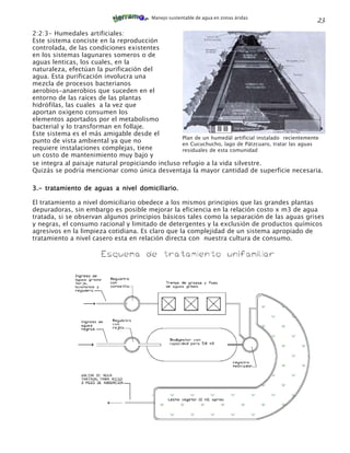 Manejo sustentable de agua en zonas áridas
                                                                                                     23
2:2:3- Humedales artificiales:
Este sistema conciste en la reproducción
controlada, de las condiciones existentes
en los sistemas lagunares someros o de
aguas lenticas, los cuales, en la
naturaleza, efectúan la purificación del
agua. Esta purificación involucra una
mezcla de procesos bacterianos
aerobios-anaerobios que suceden en el
entorno de las raíces de las plantas
hidrófilas, las cuales a la vez que
aportan oxigeno consumen los
elementos aportados por el metabolismo
bacterial y lo transforman en follaje.
Este sistema es el más amigable desde el
                                                  Plan de un humedál artificial instalado recientemente
punto de vista ambiental ya que no                en Cucuchucho, lago de Pátzcuaro, tratar las aguas
requiere instalaciones complejas, tiene           residuales de esta comunidad
un costo de mantenimiento muy bajo y
se integra al paisaje natural propiciando incluso refugio a la vida silvestre.
Quizás se podría mencionar como única desventaja la mayor cantidad de superficie necesaria.

3.- tratamiento de aguas a nivel domiciliario.

El tratamiento a nivel domiciliario obedece a los mismos principios que las grandes plantas
depuradoras, sin embargo es posible mejorar la eficiencia en la relación costo x m3 de agua
tratada, si se observan algunos principios básicos tales como la separación de las aguas grises
y negras, el consumo racional y limitado de detergentes y la exclusión de productos químicos
agresivos en la limpieza cotidiana. Es claro que la complejidad de un sistema apropiado de
tratamiento a nivel casero esta en relación directa con nuestra cultura de consumo.
 