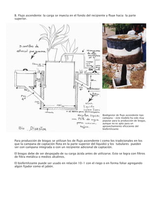 B. Flujo ascendente: la carga se inyecta en el fondo del recipiente y fluye hacia la parte
superior.




                                                                 Biodigestor de flujo ascendente tipo
                                                                 campana - este modelo ha sido muy
                                                                 popular para la producción de biogas,
                                                                 aunque no es apto para un
                                                                 aprovechamiento eficiciente del
                                                                 biofertilizante




Para producción de biogas se utilizan los de flujo ascendente ( como los tradicionales en los
que la campana de captación flota en la parte superior del líquido) y los tubulares pueden
ser con campana integrada o con un recipiente adicional de captación.

El biogas debe de ser despojado de su carga ácida antes de utilizarse. Esto se logra con filtros
de fibra metálica o medios alcalinos.

El biofertilizante puede ser usado en relación 10-1 con el riego o en forma foliar agregando
algún fijador como el jabón.
 