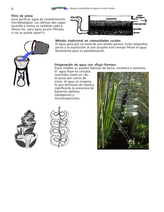 6                                       Manejo sustentable de agua en zonas áridas


filtro de arena
para purificar agua de contaminación
microbiológica: Las últimas dos capas
(gravilla y arena) se cambian cada 6
meses (es para agua ya pre-filtrada,
si no se puede tapar!!!)

                             Método tradicional en comunidades rurales:
                             El agua pasa por un cono de una piedra porosa. Estos pequeños
                             poros y la exposición al aire durante este tiempo filtran el agua
                             lentamente para su potabilización.



                             Oxigenación de agua con «flujo-formas»
                             Estos moldes se pueden fabricar de barro, cerámica o cemento.
                             El agua fluye en círculos
                             invertidos como un «8».
                             Al pasar por varios de
                             estos, el agua se oxigena,
                             lo que diminuye de manera
                             significante la presencia de
                             bacterias dañinas
                             (patógenos) y
                             microorganismos.
 