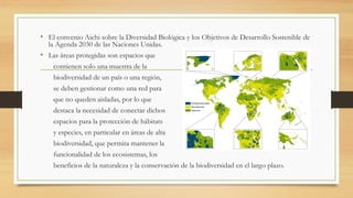 • El convenio Aichi sobre la Diversidad Biológica y los Objetivos de Desarrollo Sostenible de
la Agenda 2030 de las Naciones Unidas.
• Las áreas protegidas son espacios que
contienen solo una muestra de la
biodiversidad de un país o una región,
se deben gestionar como una red para
que no queden aisladas, por lo que
destaca la necesidad de conectar dichos
espacios para la protección de hábitats
y especies, en particular en áreas de alta
biodiversidad, que permita mantener la
funcionalidad de los ecosistemas, los
beneficios de la naturaleza y la conservación de la biodiversidad en el largo plazo.
 