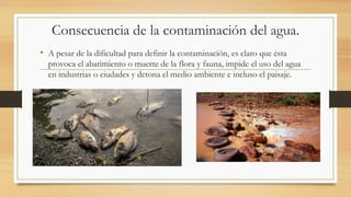 Consecuencia de la contaminación del agua.
• A pesar de la dificultad para definir la contaminación, es claro que ésta
provoca el abatimiento o muerte de la flora y fauna, impide el uso del agua
en industrias o ciudades y detona el medio ambiente e incluso el paisaje.
 