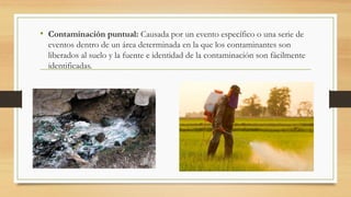• Contaminación puntual: Causada por un evento específico o una serie de
eventos dentro de un área determinada en la que los contaminantes son
liberados al suelo y la fuente e identidad de la contaminación son fácilmente
identificadas.
 