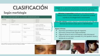 CLASIFICACIÓN
Según morfología
Lineal: En un paciente consciente incrementa la posibilidad
de un hematoma intracraneal en cerca de 400 veces
Abiertas o expuestas: producen una comunicación
directa entre el cuero cabelludo y la superficie cerebral
cuando se ha desgarrado la duramadre.
Base del cráneo: suelen requerir una evaluación por TAC con
técnicas de ventana ósea para su identificación
Signos clínicos:
➔ Equimosis periorbitaria (ojos de mapache)
➔ Equimosis retroauricular (signo de Battle)
➔ Fuga de LCR por la nariz (rinorraquia) u oído (otorraquia)
➔ Disfunción de los pares craneales VII y VIII (parálisis facial y
pérdida de la audición)
 