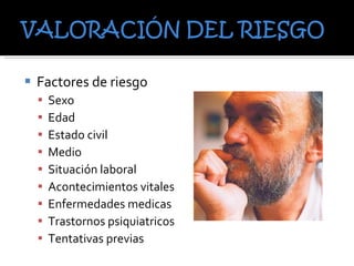 Factores de riesgo Sexo Edad  Estado civil Medio  Situación laboral Acontecimientos vitales Enfermedades medicas Trastornos psiquiatricos Tentativas previas 