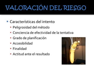Características del intento Peligrosidad del método Conciencia de efectividad de la tentativa Grado de planificación Accesibilidad Finalidad Actitud ante el resultado  