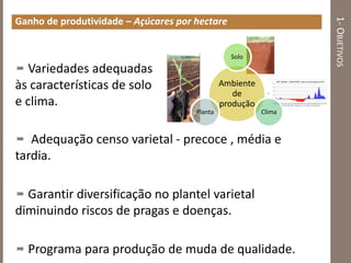1-OBJETIVOS
Ganho de produtividade – Açúcares por hectare
Ambiente
de
produção
Solo
ClimaPlanta
 Variedades adequadas
às características de solo
e clima.
 Adequação censo varietal - precoce , média e
tardia.
 Garantir diversificação no plantel varietal
diminuindo riscos de pragas e doenças.
 Programa para produção de muda de qualidade.
 