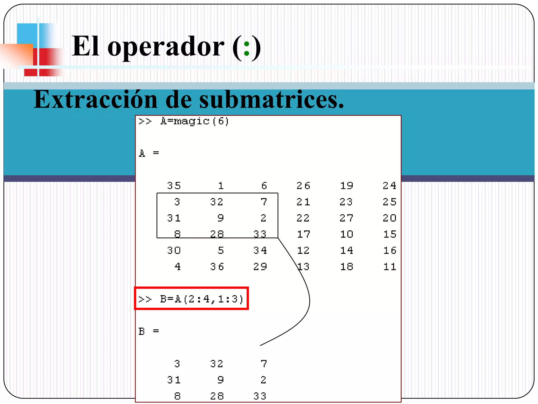 El operador (:) Extracción de submatrices.