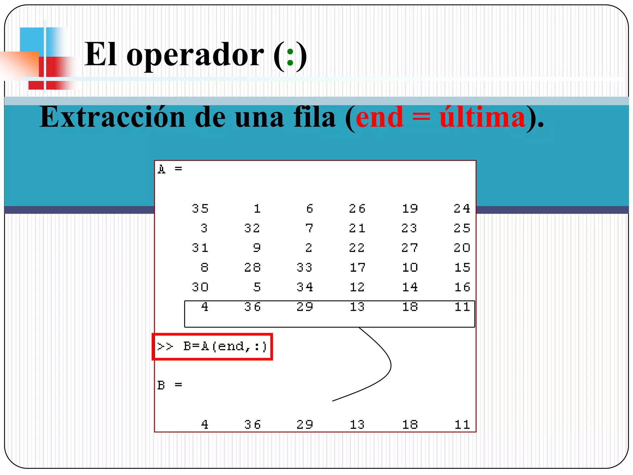 El operador (:) Extracción de una fila (end = última).