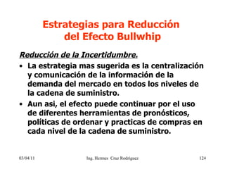 Estrategias para Reducción  del Efecto Bullwhip <ul><li>Reducción de la Incertidumbre. </li></ul><ul><li>La estrategia mas...