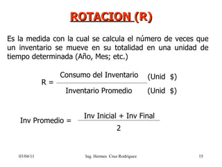 03/04/11 ROTACION  (R) Es la medida con la cual se calcula el número de veces que un inventario se mueve en su totalidad e...