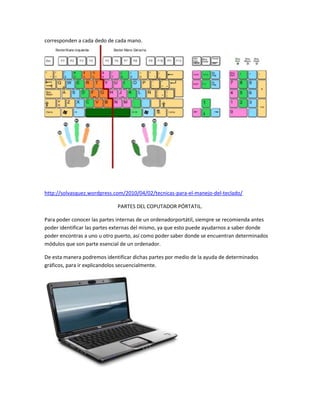 corresponden a cada dedo de cada mano.




http://solvasquez.wordpress.com/2010/04/02/tecnicas-para-el-manejo-del-teclado/

                             PARTES DEL COPUTADOR PÓRTATIL.

Para poder conocer las partes internas de un ordenadorportátil, siempre se recomienda antes
poder identificar las partes externas del mismo, ya que esto puede ayudarnos a saber donde
poder encontras a uno u otro puerto, así como poder saber donde se encuentran determinados
módulos que son parte esencial de un ordenador.

De esta manera podremos identificar dichas partes por medio de la ayuda de determinados
gráficos, para ir explicandolos secuencialmente.
 
