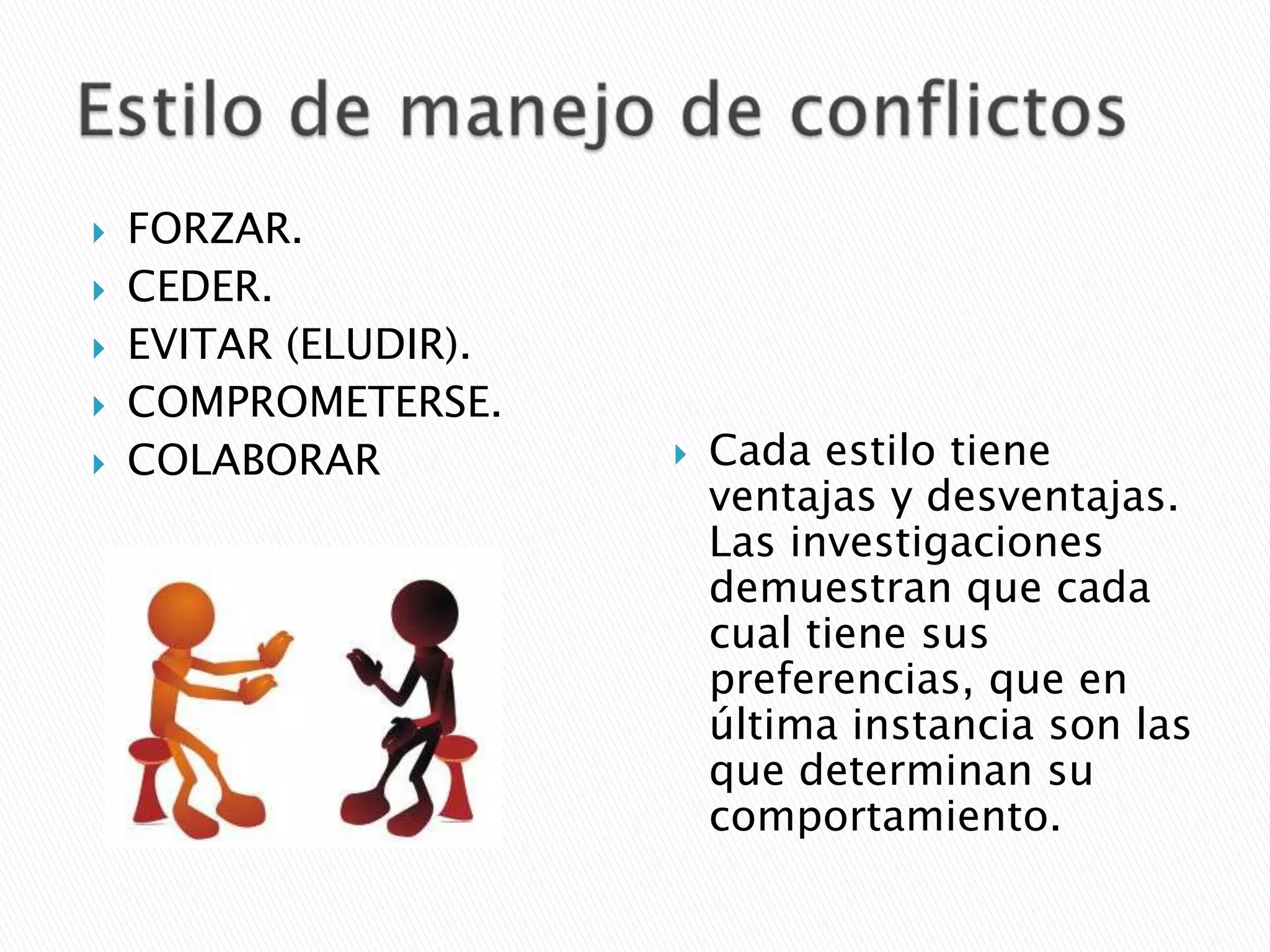    FORZAR.
   CEDER.
   EVITAR (ELUDIR).
   COMPROMETERSE.
   COLABORAR             Cada estilo tiene
                           ventajas y desventajas.
                           Las investigaciones
                           demuestran que cada
                           cual tiene sus
                           preferencias, que en
                           última instancia son las
                           que determinan su
                           comportamiento.
 