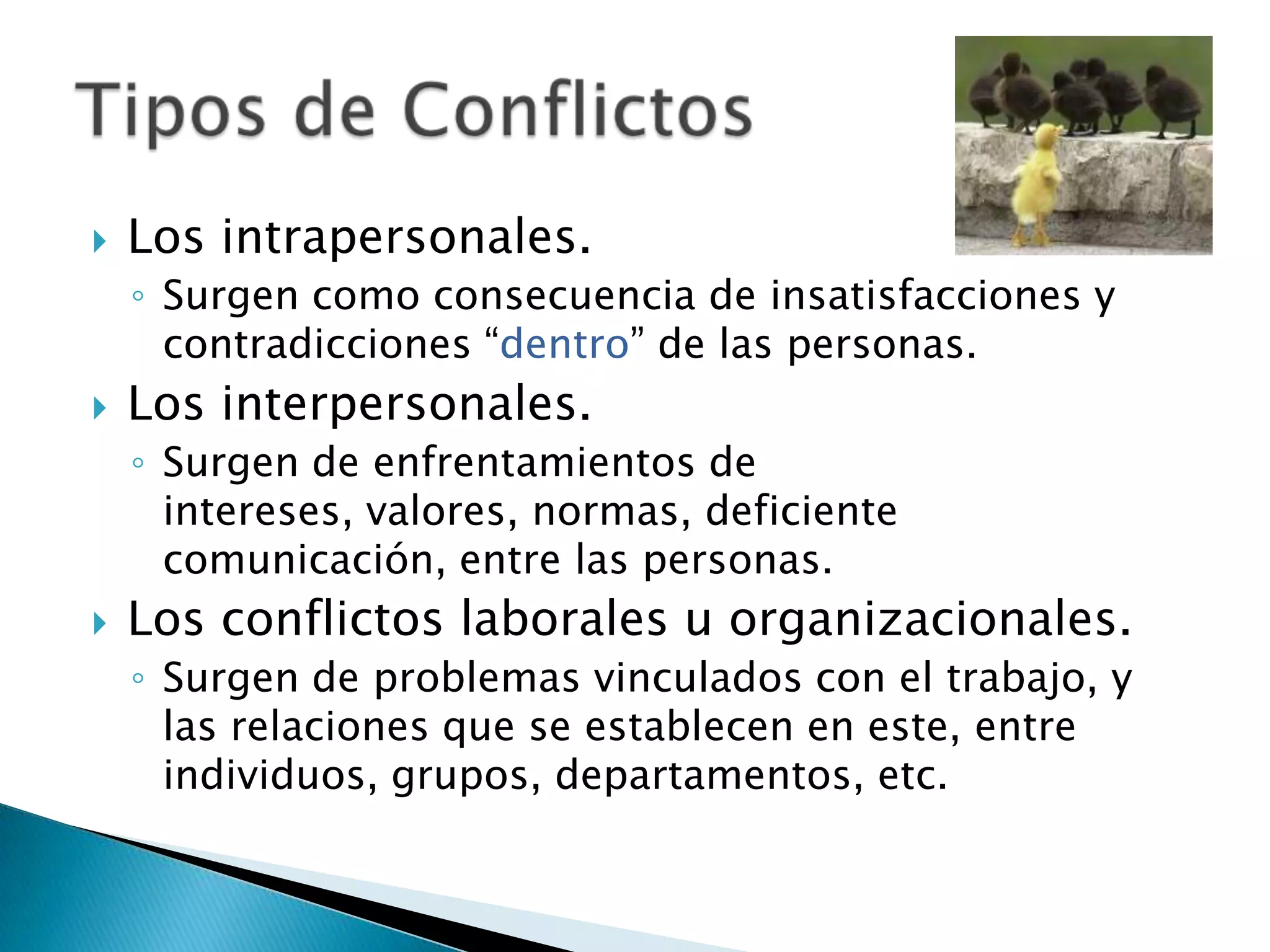    Los intrapersonales.
    ◦ Surgen como consecuencia de insatisfacciones y
      contradicciones “dentro” de las personas.
   Los interpersonales.
    ◦ Surgen de enfrentamientos de
      intereses, valores, normas, deficiente
      comunicación, entre las personas.
   Los conflictos laborales u organizacionales.
    ◦ Surgen de problemas vinculados con el trabajo, y
      las relaciones que se establecen en este, entre
      individuos, grupos, departamentos, etc.
 
