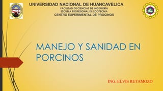 MANEJO Y SANIDAD EN
PORCINOS
ING. ELVIS RETAMOZO
UNIVERSIDAD NACIONAL DE HUANCAVELICA
FACULTAD DE CIENCIAS DE INGENIERÍA
ESCUELA PROFESIONAL DE ZOOTECNIA
CENTRO EXPERIMENTAL DE PROCINOS
 