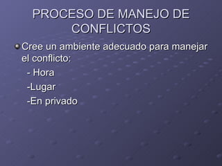 PROCESO DE MANEJO DE CONFLICTOS Cree un ambiente adecuado para manejar el conflicto: - Hora -Lugar -En privado 