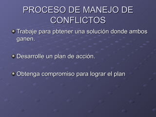 PROCESO DE MANEJO DE CONFLICTOS Trabaje para pbtener una solución donde ambos ganen. Desarrolle un plan de acción. Obtenga compromiso para lograr el plan 