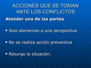 ACCIONES QUE SE TOMAN ANTE LOS CONFLICTOS Atender una de las partes Solo atenernos a una perspectiva No se realiza acción preventiva Resurge la situación. 