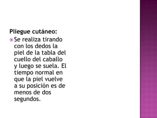 Pliegue cutáneo:
 Se realiza tirando
  con los dedos la
  piel de la tabla del
  cuello del caballo
  y luego se suela. El
  tiempo normal en
  que la piel vuelve
  a su posición es de
  menos de dos
  segundos.
 