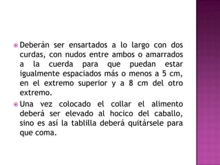  Deberán  ser ensartados a lo largo con dos
  curdas, con nudos entre ambos o amarrados
  a la cuerda para que puedan estar
  igualmente espaciados más o menos a 5 cm,
  en el extremo superior y a 8 cm del otro
  extremo.
 Una vez colocado el collar el alimento
  deberá ser elevado al hocico del caballo,
  sino es así la tablilla deberá quitársele para
  que coma.
 