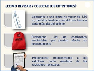 Colocarlos a una altura no mayor de 1.50
m, medidos desde el nivel del piso hasta la
parte más alta del extintor
¿COMO REVISAR Y COLOCAR LOS EXTINTORES?
Protegerlos
ambientales
…de las
que puedan
condiciones
afectar su
funcionamiento
mantenimientoProporcionar
extintores como resultado
a los
de las
revisiones mensuales
 