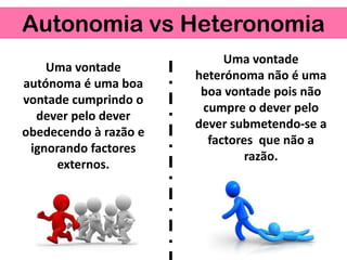 Autonomia vs Heteronomia
Uma vontade
autónoma é uma boa
vontade cumprindo o
dever pelo dever
obedecendo à razão e
ignorando factores
externos.
Uma vontade
heterónoma não é uma
boa vontade pois não
cumpre o dever pelo
dever submetendo-se a
factores que não a
razão.
 