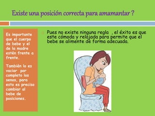 Existe una posición correcta para amamantar ?
Es importante
que el cuerpo
de bebe y el
de la madre
estén frente a
frente.
También lo es
vaciar por
completo los
senos, para
esto es preciso
cambiar al
bebe de
posiciones.
 Pues no existe ninguna regla , el éxito es que
este cómoda y relajada para permite que el
bebe se alimente de forma adecuada.
 